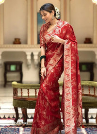 Crimson Red Silk Woven Jacquard Saree For Traditional / Religious-Occasions
