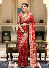 Crimson Red Silk Woven Jacquard Saree For Traditional / Religious-Occasions