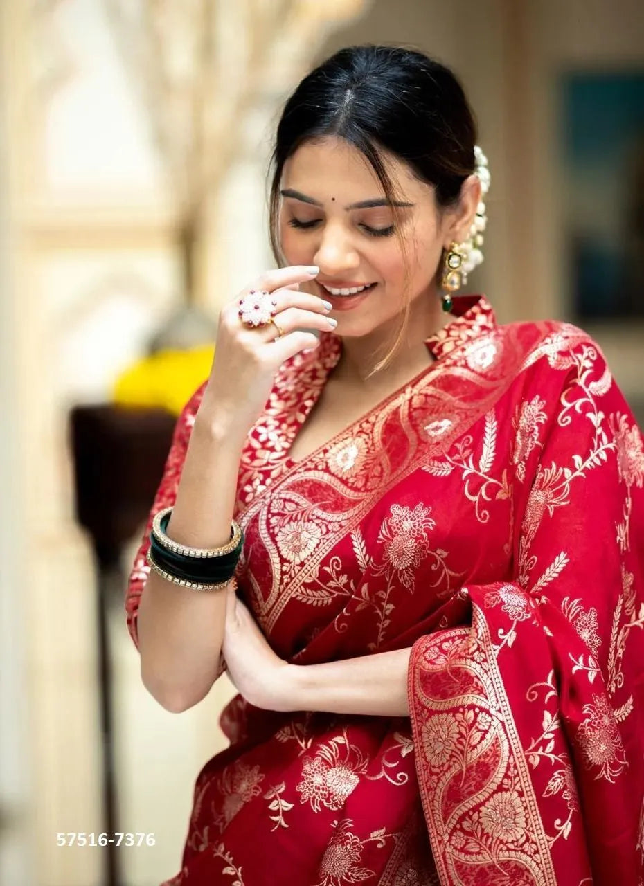 Crimson Red Silk Woven Jacquard Saree For Traditional / Religious-Occasions