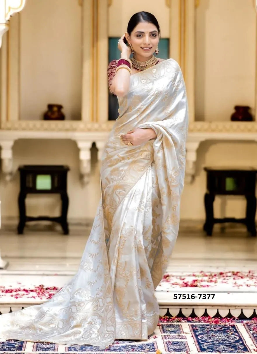 White Silk Woven Jacquard Saree For Traditional / Religious-Occasions