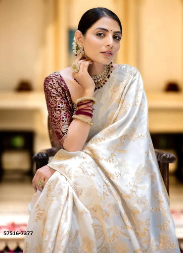White Silk Woven Jacquard Saree For Traditional / Religious-Occasions
