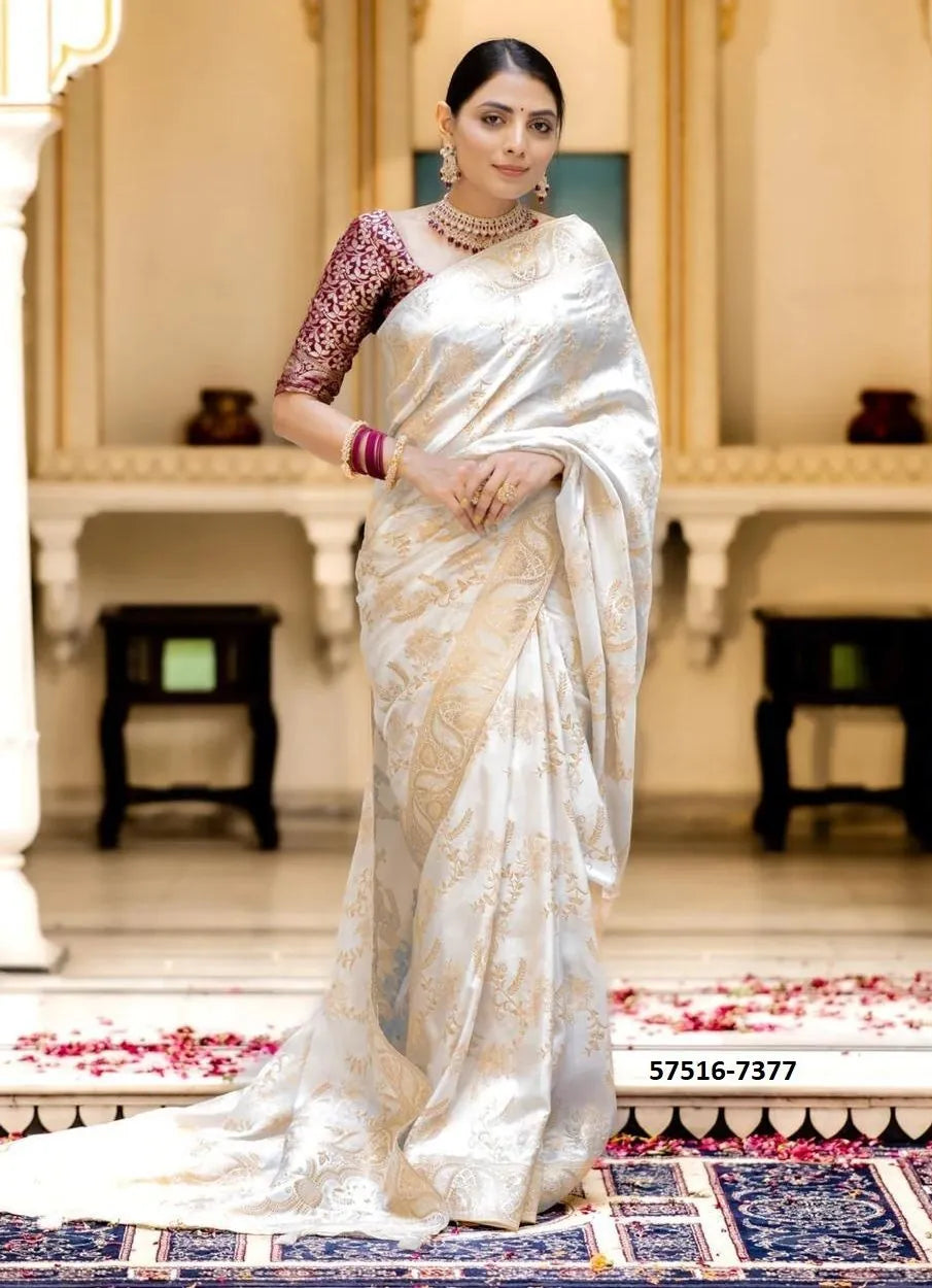 White Silk Woven Jacquard Saree For Traditional / Religious-Occasions