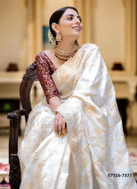 White Silk Woven Jacquard Saree For Traditional / Religious-Occasions
