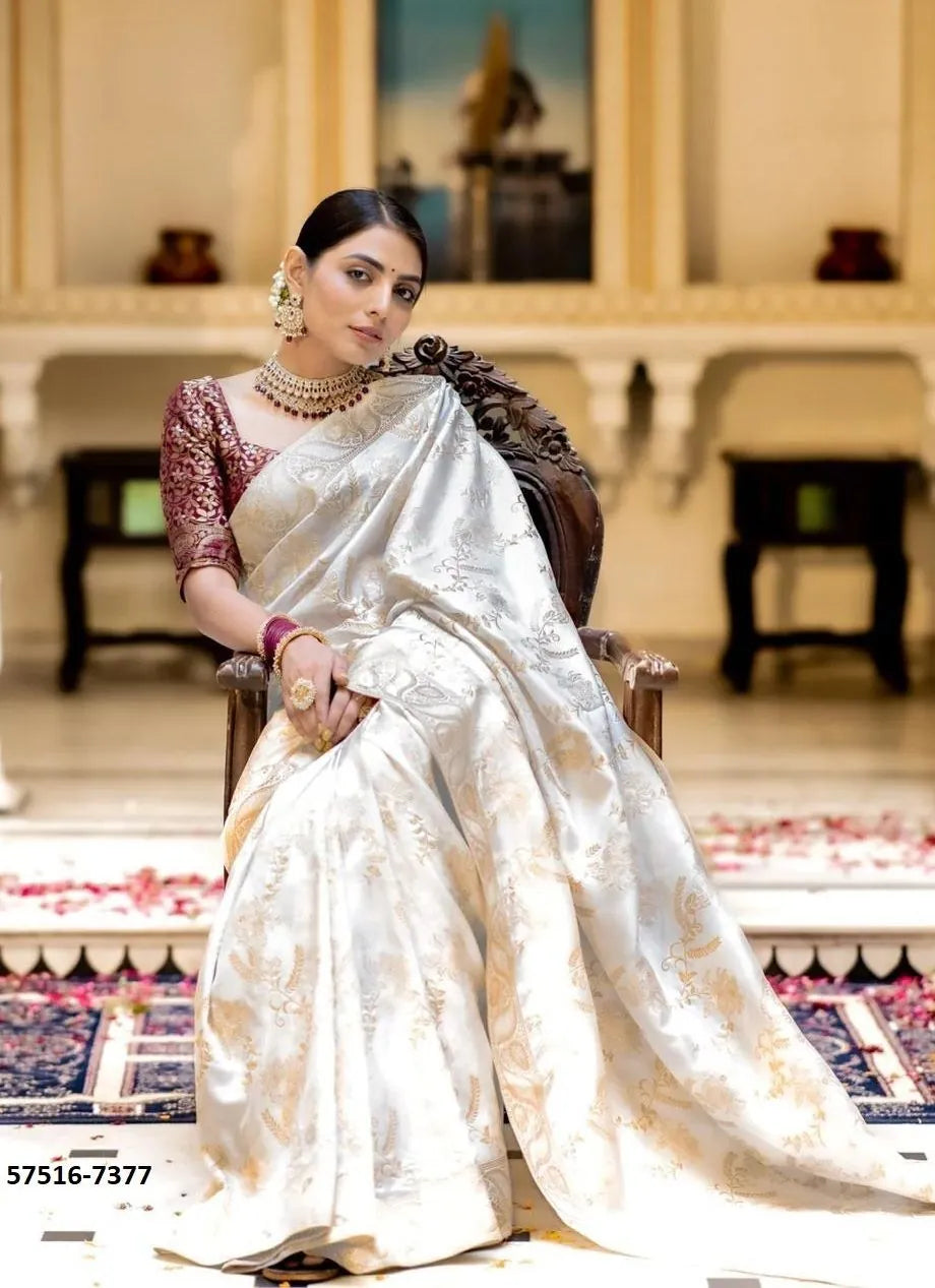 White Silk Woven Jacquard Saree For Traditional / Religious-Occasions