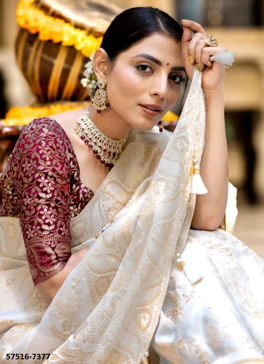 White Silk Woven Jacquard Saree For Traditional / Religious-Occasions