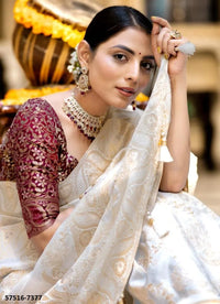 White Silk Woven Jacquard Saree For Traditional / Religious-Occasions