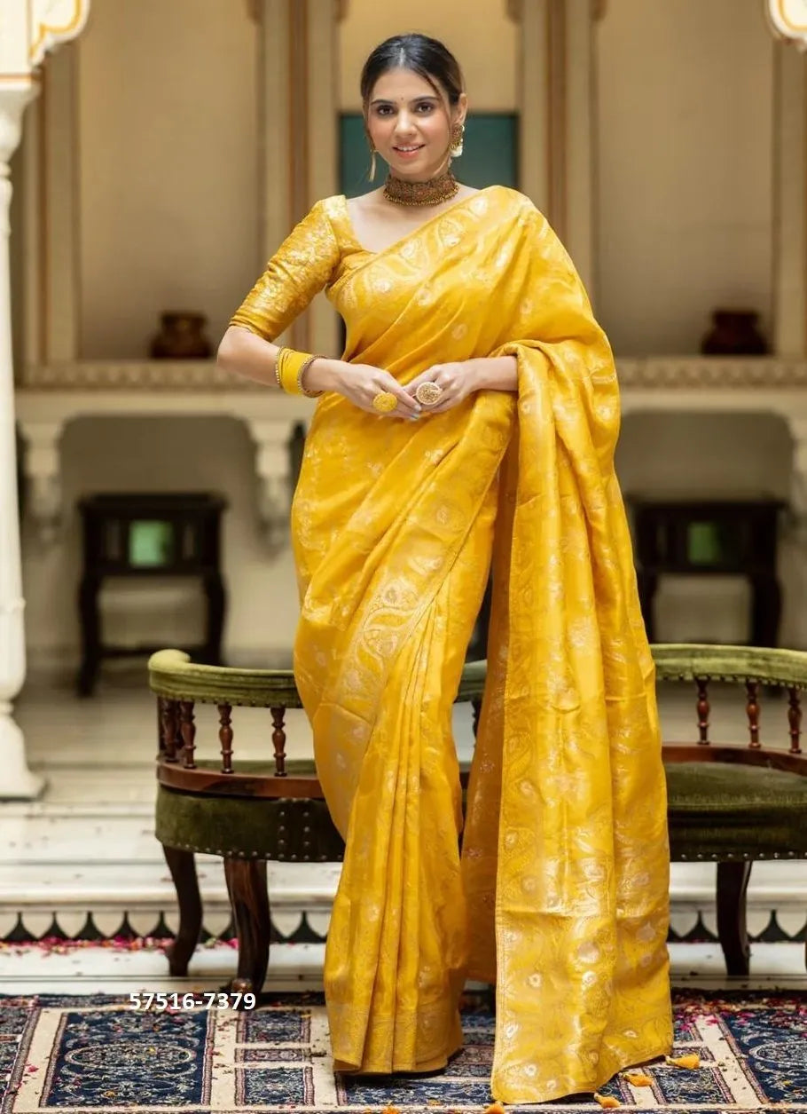 Yellow Silk Woven Jacquard Saree For Traditional / Religious-Occasions
