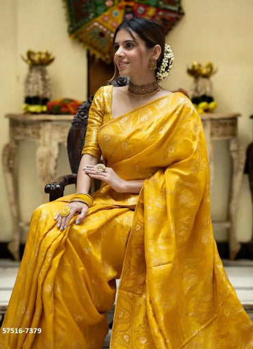 Yellow Silk Woven Jacquard Saree For Traditional / Religious-Occasions