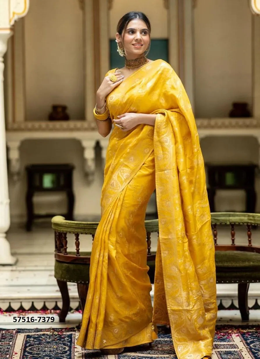 Yellow Silk Woven Jacquard Saree For Traditional / Religious-Occasions