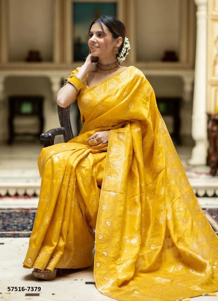 Yellow Silk Woven Jacquard Saree For Traditional / Religious-Occasions
