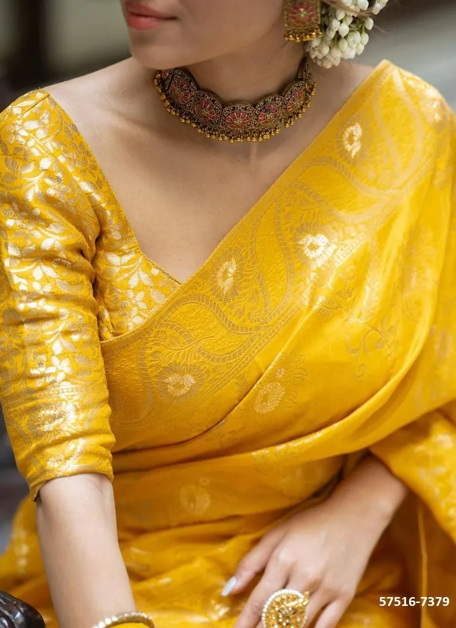 Yellow Silk Woven Jacquard Saree For Traditional / Religious-Occasions