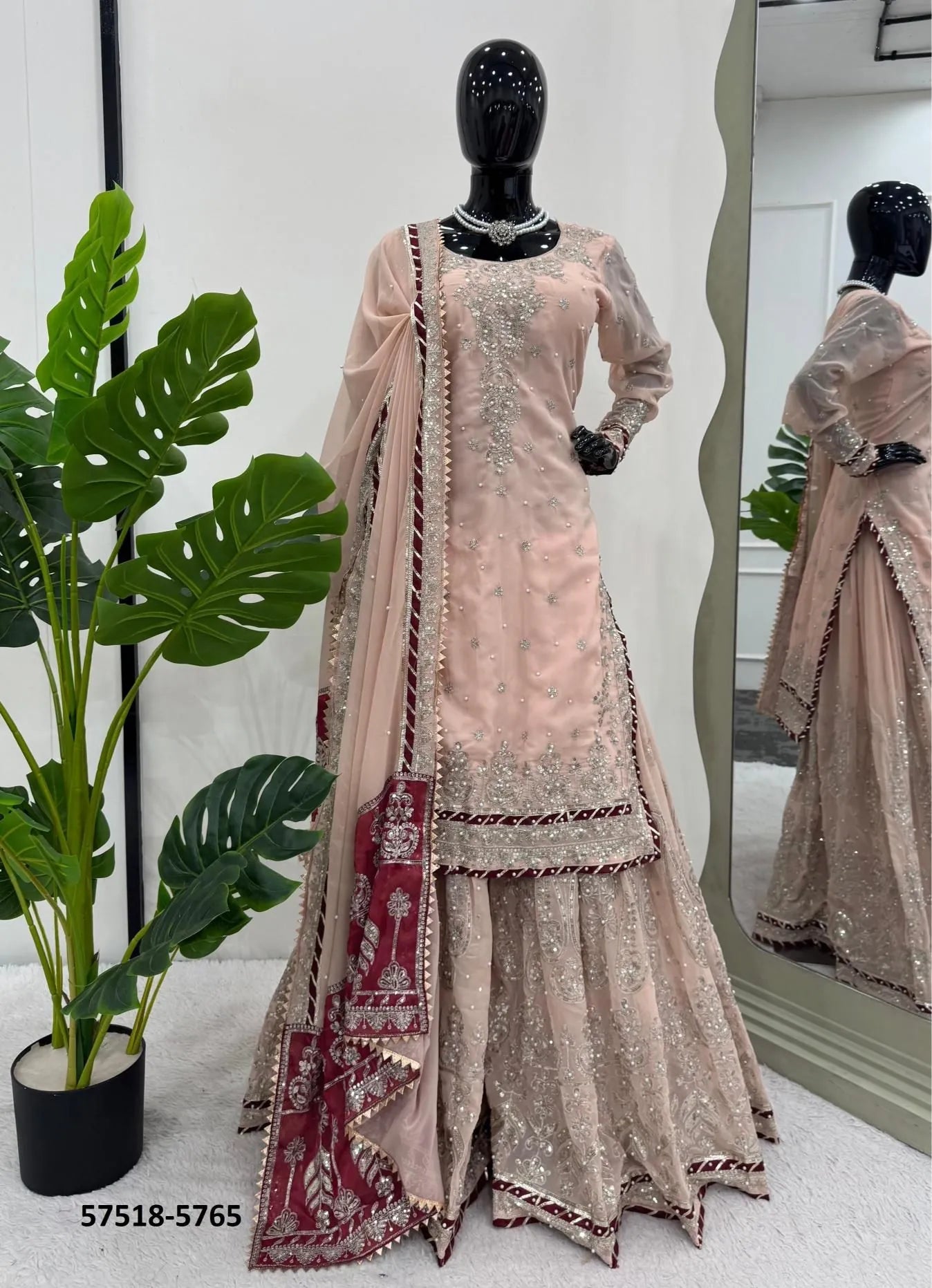 Light Pink Georgette Handworked Ramadan-Special Readymade Sharara-Bottom Salwar Kameez
