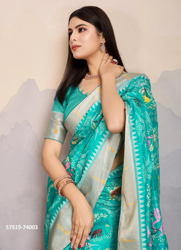 Aqua Satin Digitally Printed Festive-Wear Patola Silk Saree