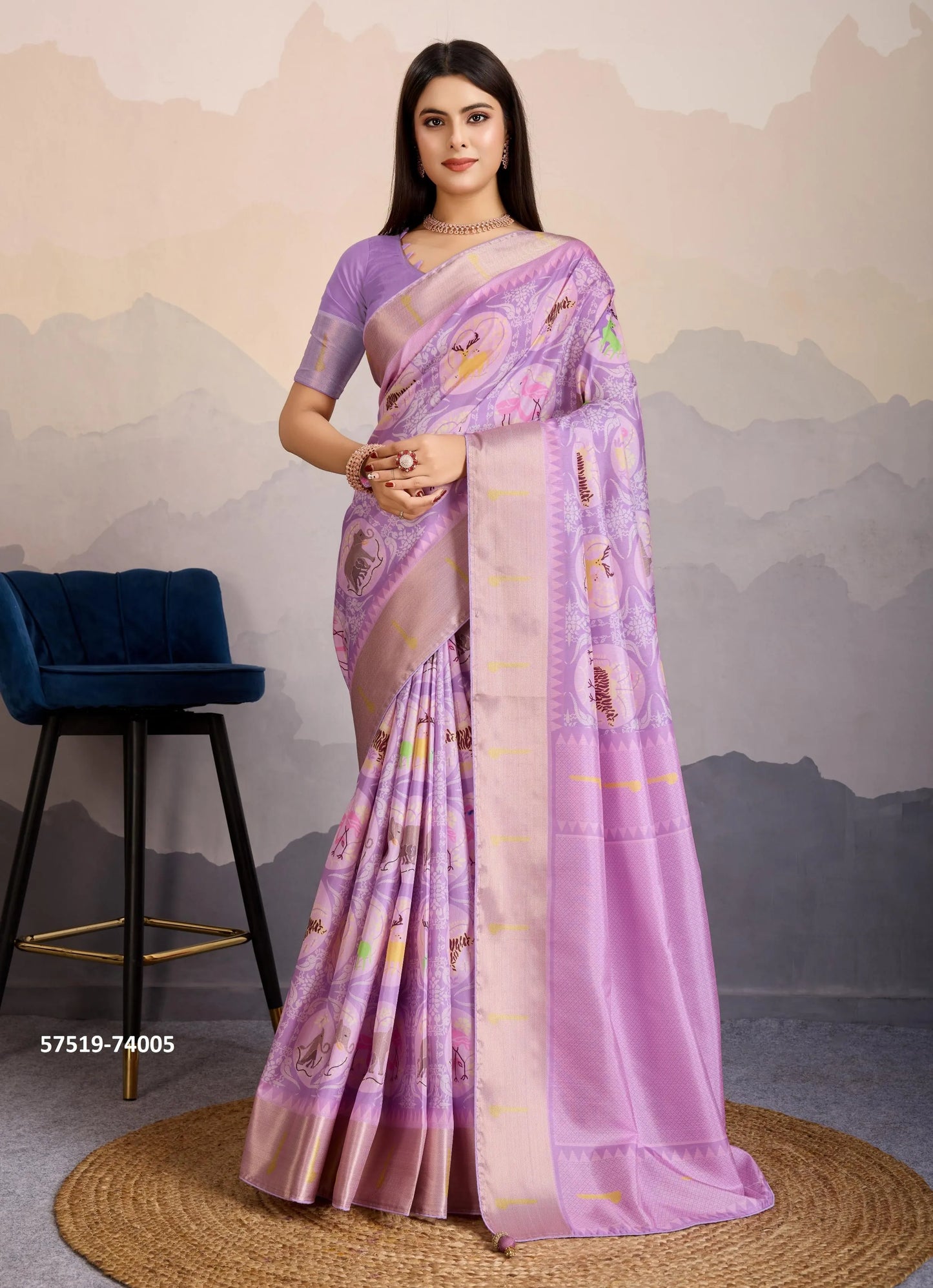 Lilac Satin Digitally Printed Festive-Wear Patola Silk Saree