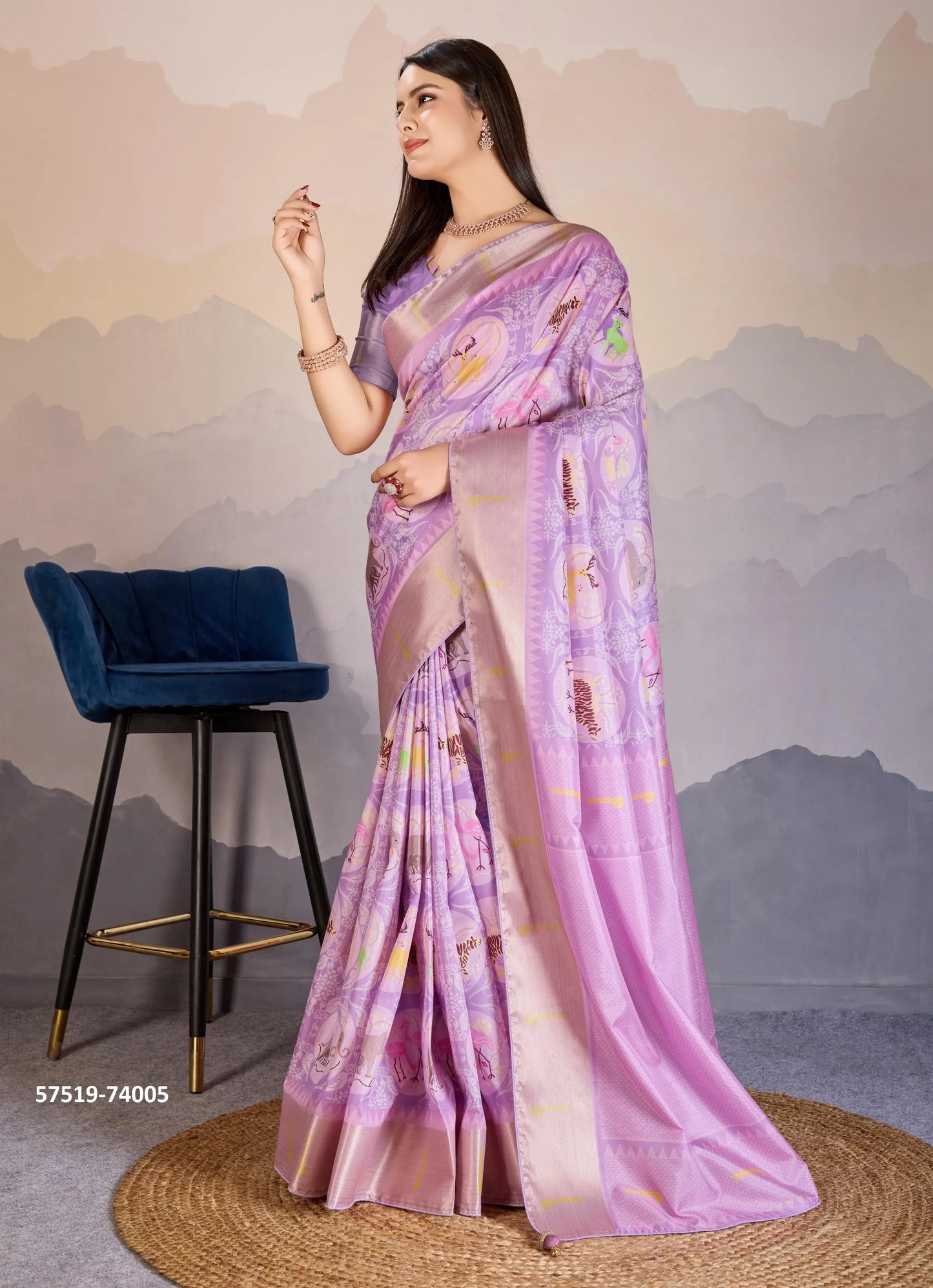 Lilac Satin Digitally Printed Festive-Wear Patola Silk Saree