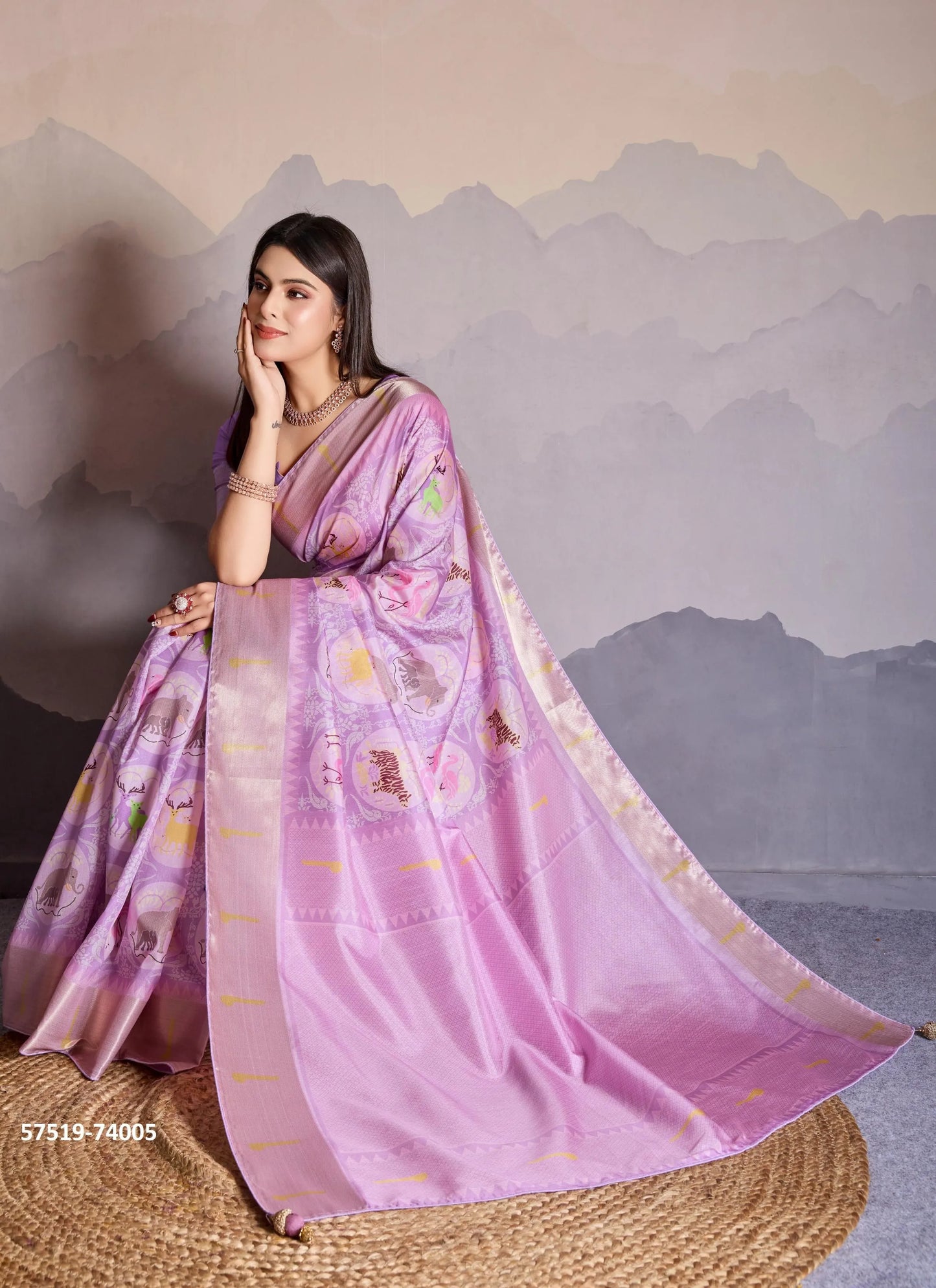 Lilac Satin Digitally Printed Festive-Wear Patola Silk Saree