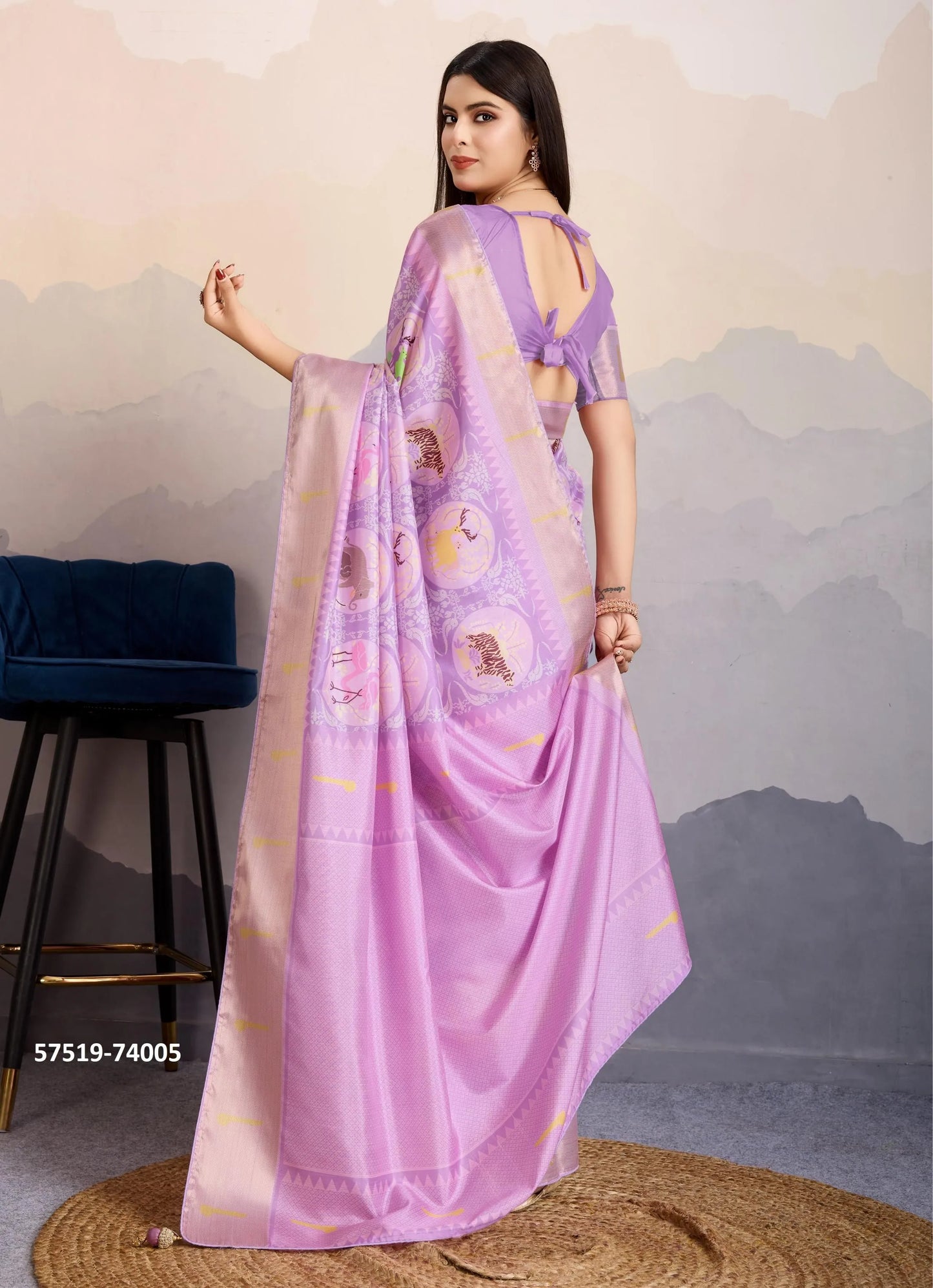 Lilac Satin Digitally Printed Festive-Wear Patola Silk Saree