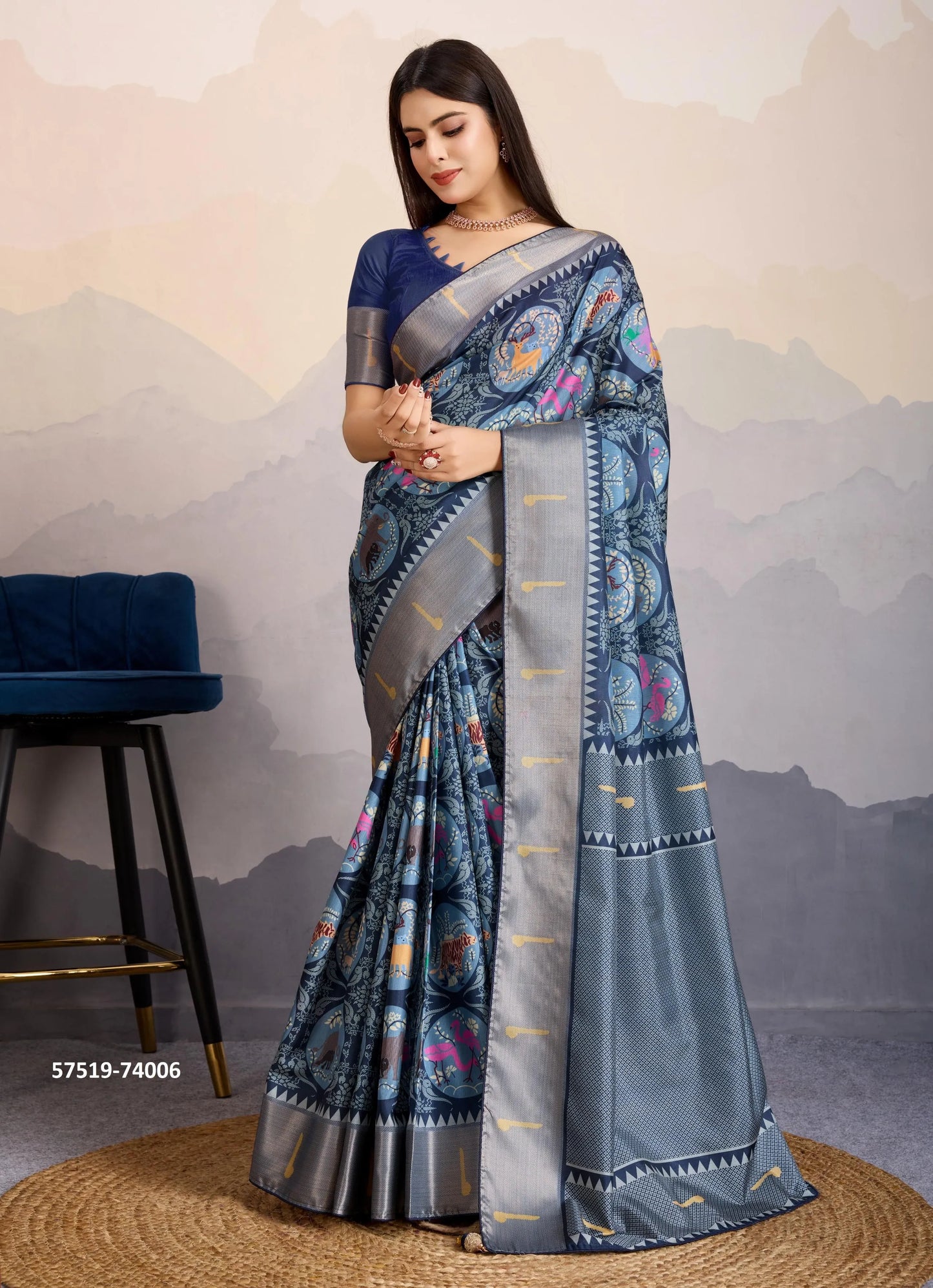 Navy Blue Satin Digitally Printed Festive-Wear Patola Silk Saree
