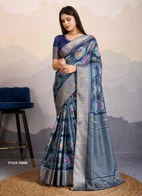 Navy Blue Satin Digitally Printed Festive-Wear Patola Silk Saree