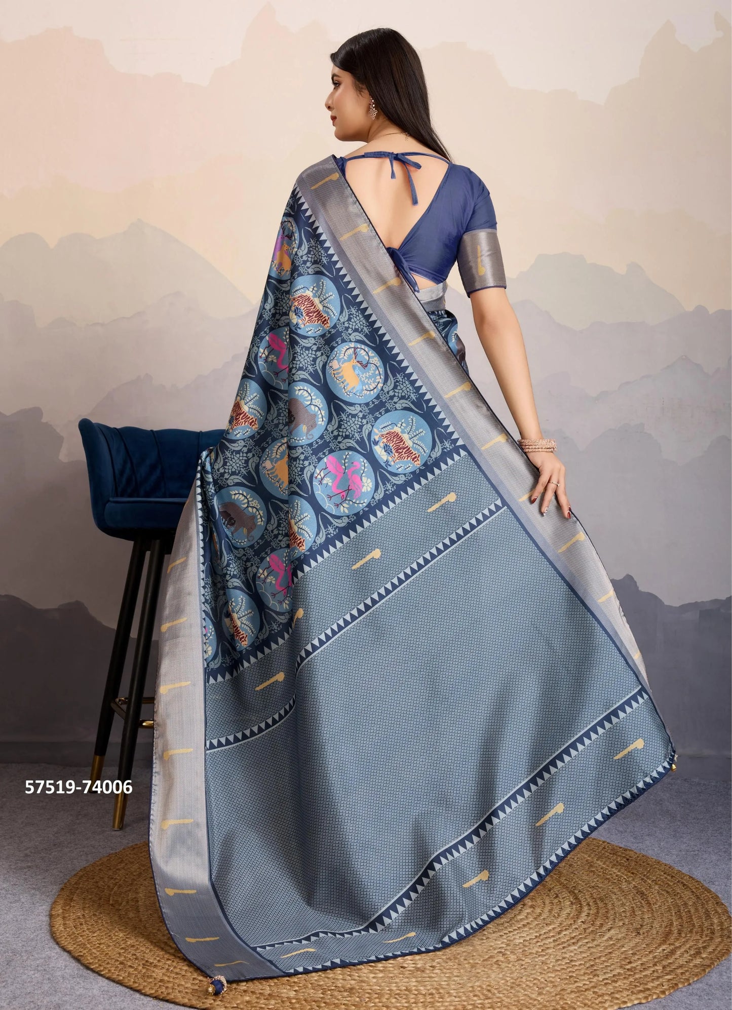 Navy Blue Satin Digitally Printed Festive-Wear Patola Silk Saree
