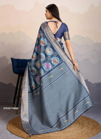 Navy Blue Satin Digitally Printed Festive-Wear Patola Silk Saree