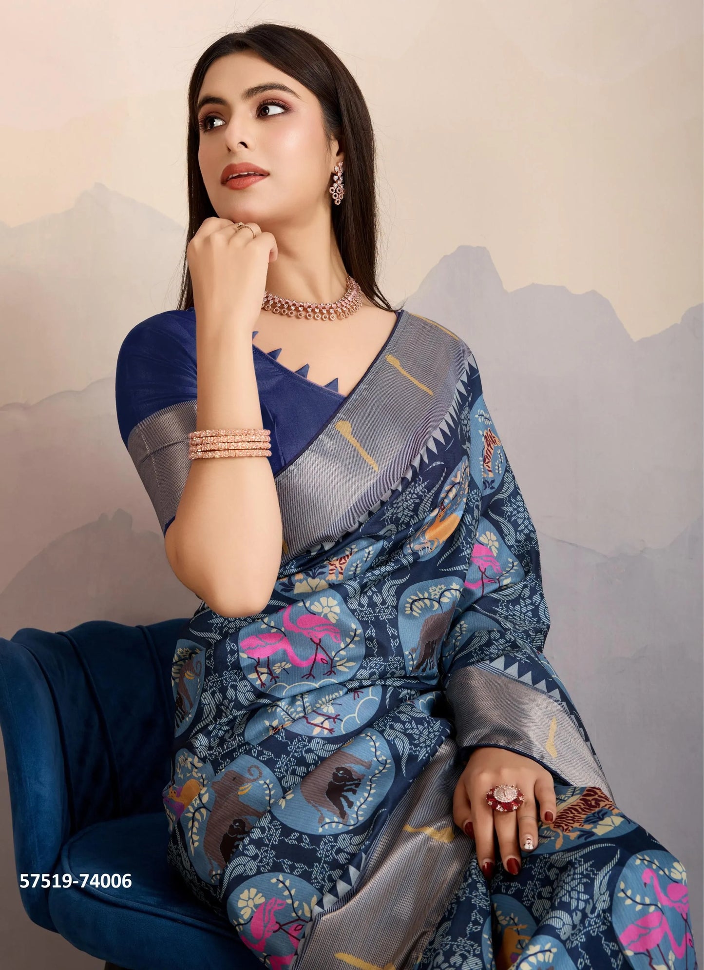 Navy Blue Satin Digitally Printed Festive-Wear Patola Silk Saree