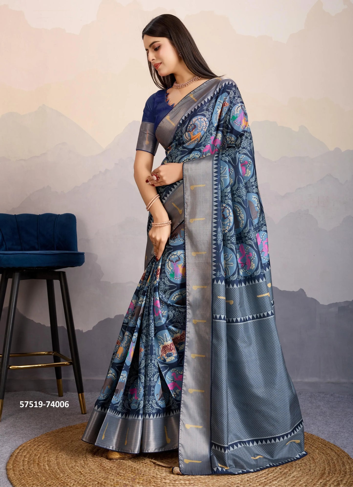 Navy Blue Satin Digitally Printed Festive-Wear Patola Silk Saree