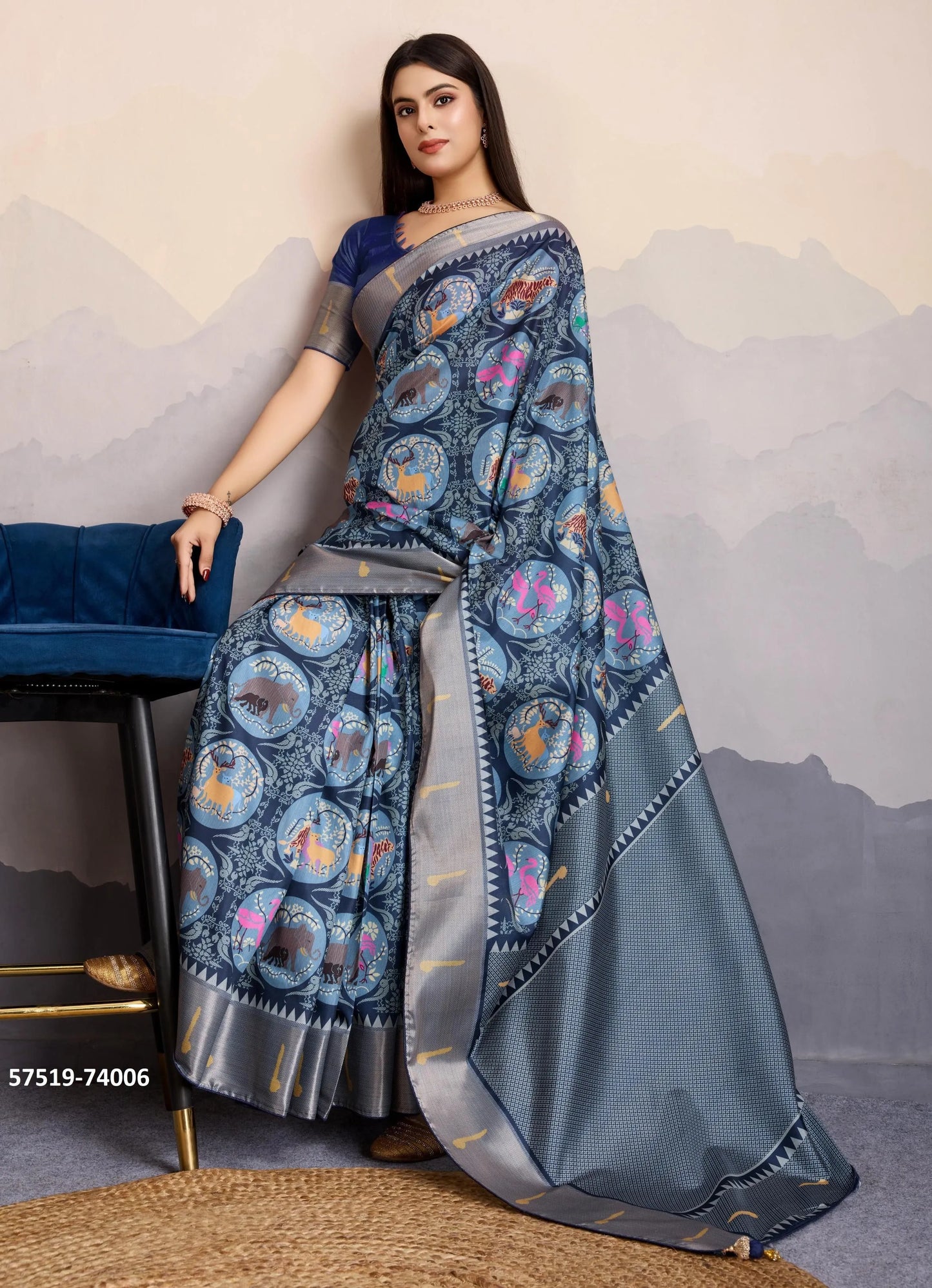 Navy Blue Satin Digitally Printed Festive-Wear Patola Silk Saree