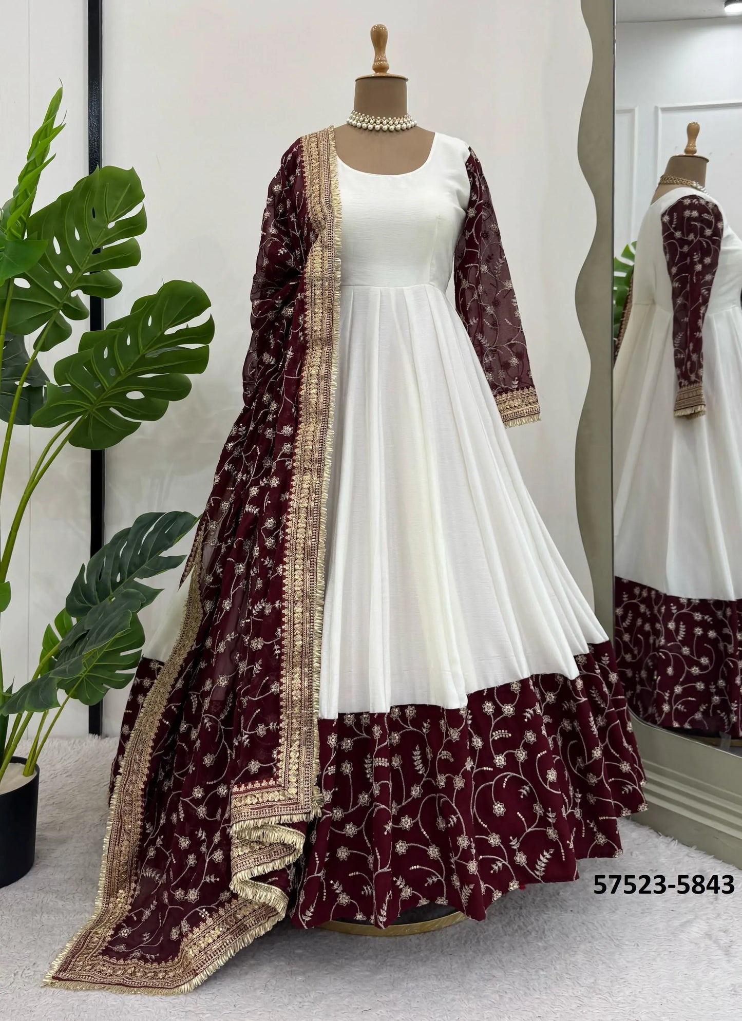 White Chinon Silk Embroidered Ramadan-Special Readymade Gown With Dupatta