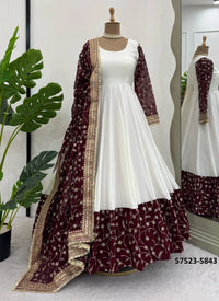White Chinon Silk Embroidered Ramadan-Special Readymade Gown With Dupatta