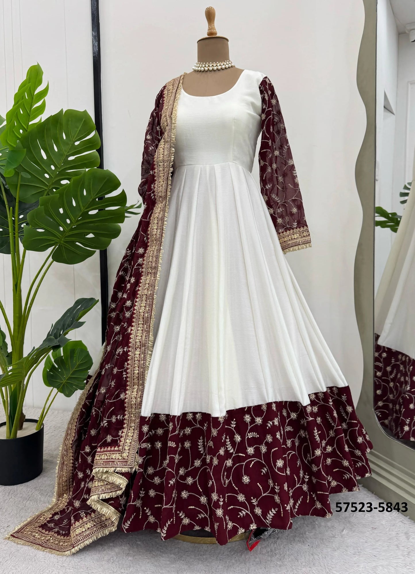 White Chinon Silk Embroidered Ramadan-Special Readymade Gown With Dupatta