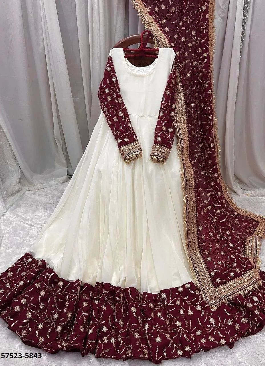 White Chinon Silk Embroidered Ramadan-Special Readymade Gown With Dupatta