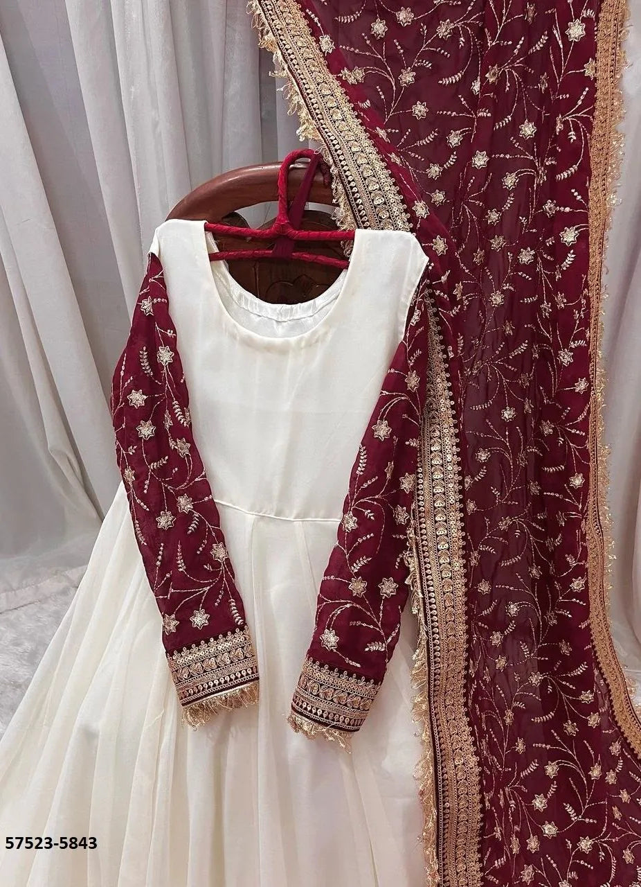 White Chinon Silk Embroidered Ramadan-Special Readymade Gown With Dupatta