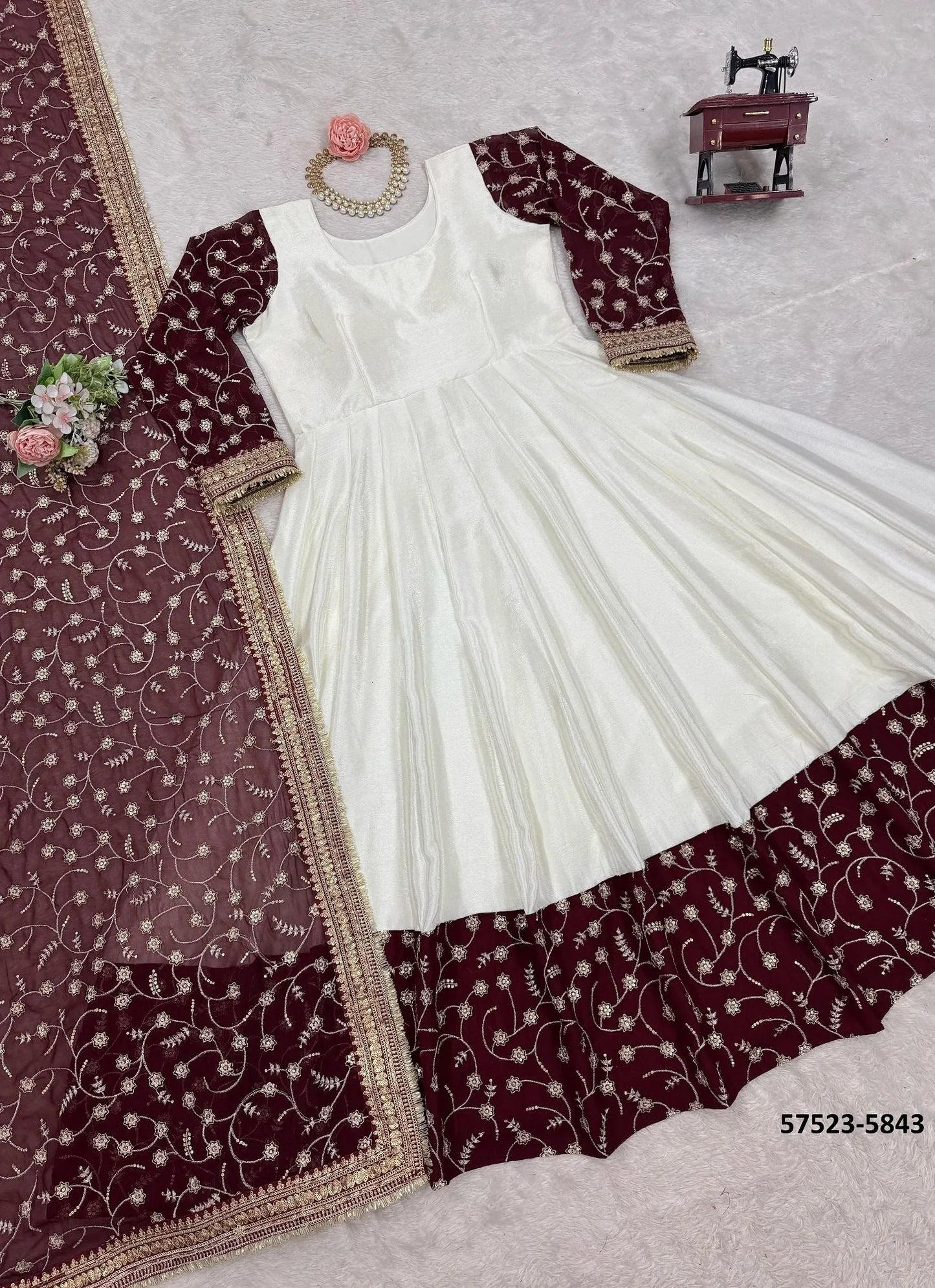 White Chinon Silk Embroidered Ramadan-Special Readymade Gown With Dupatta