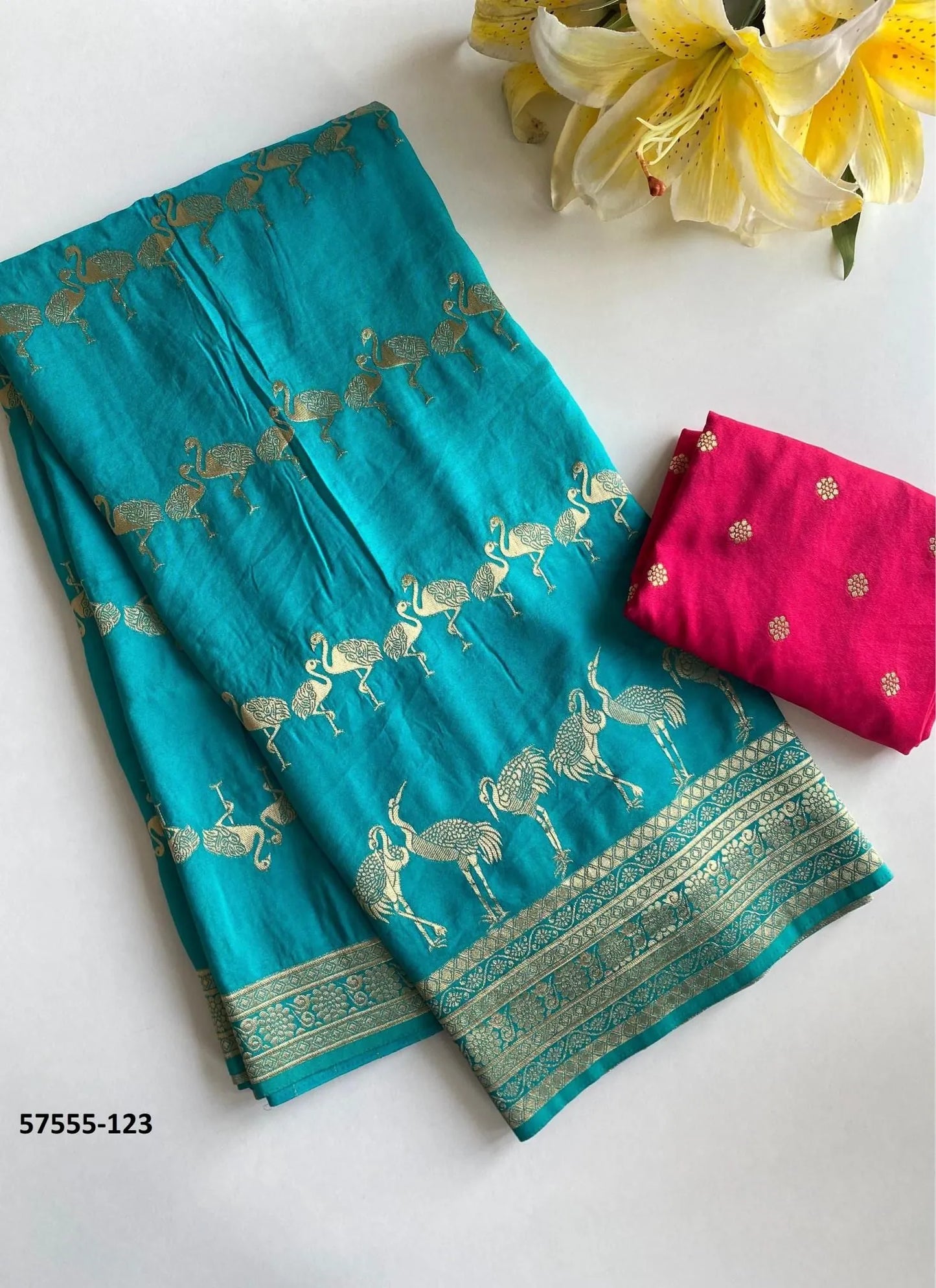 Teal Blue Dola Silk Embroidered Saree For Traditional / Religious-Occasions