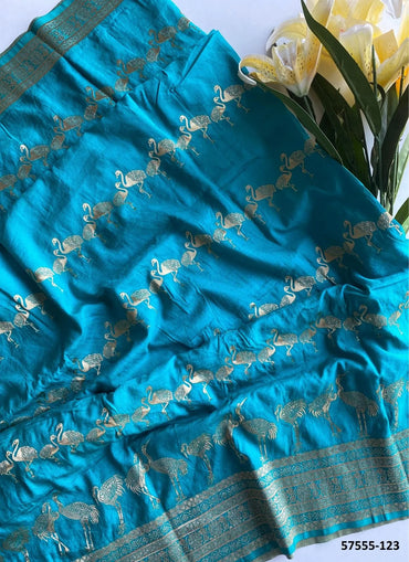 Teal Blue Dola Silk Embroidered Saree For Traditional / Religious-Occasions