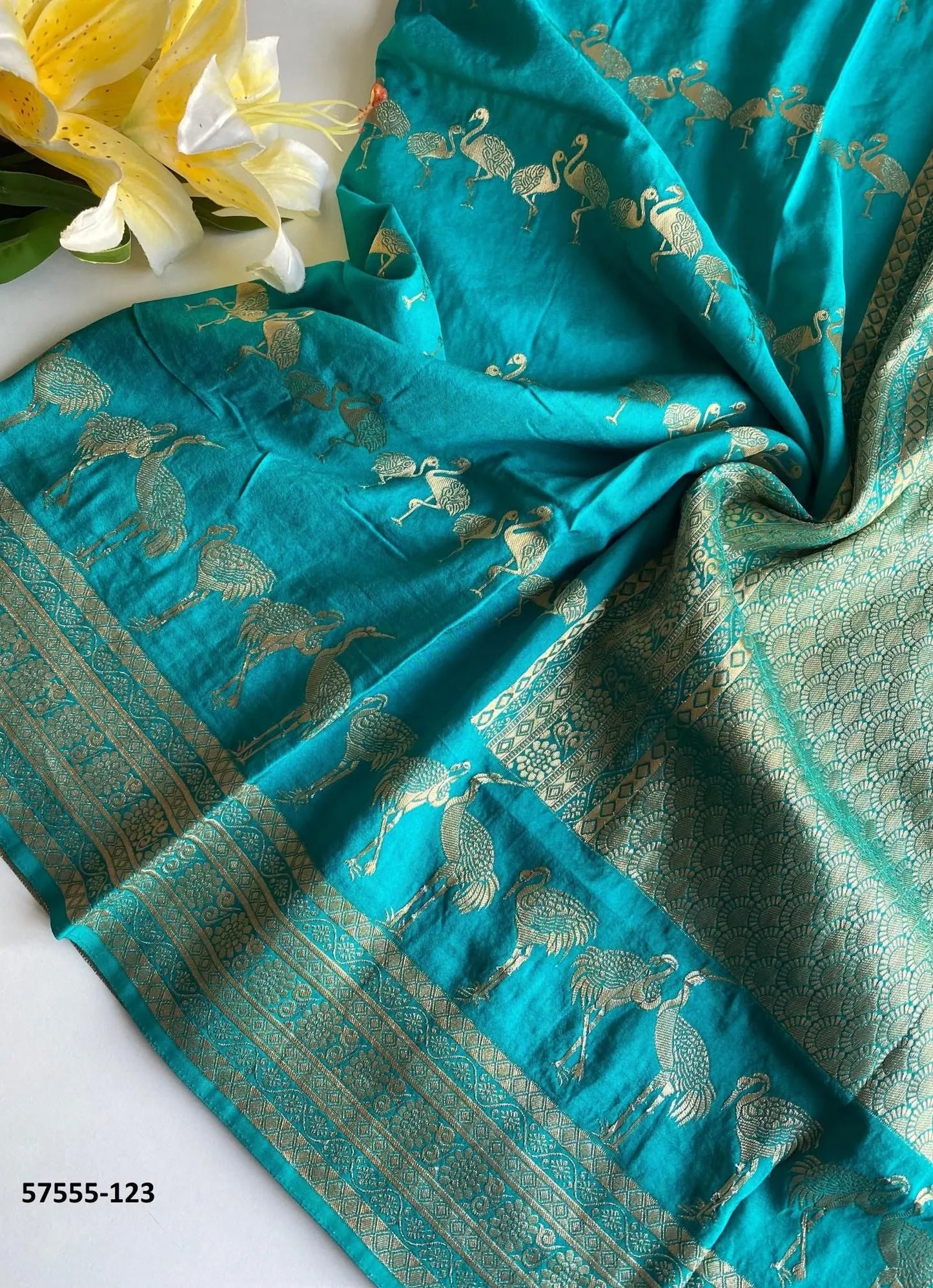 Teal Blue Dola Silk Embroidered Saree For Traditional / Religious-Occasions