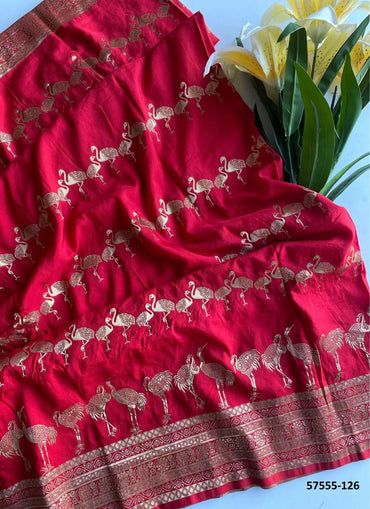 Crimson Red Dola Silk Embroidered Saree For Traditional / Religious-Occasions