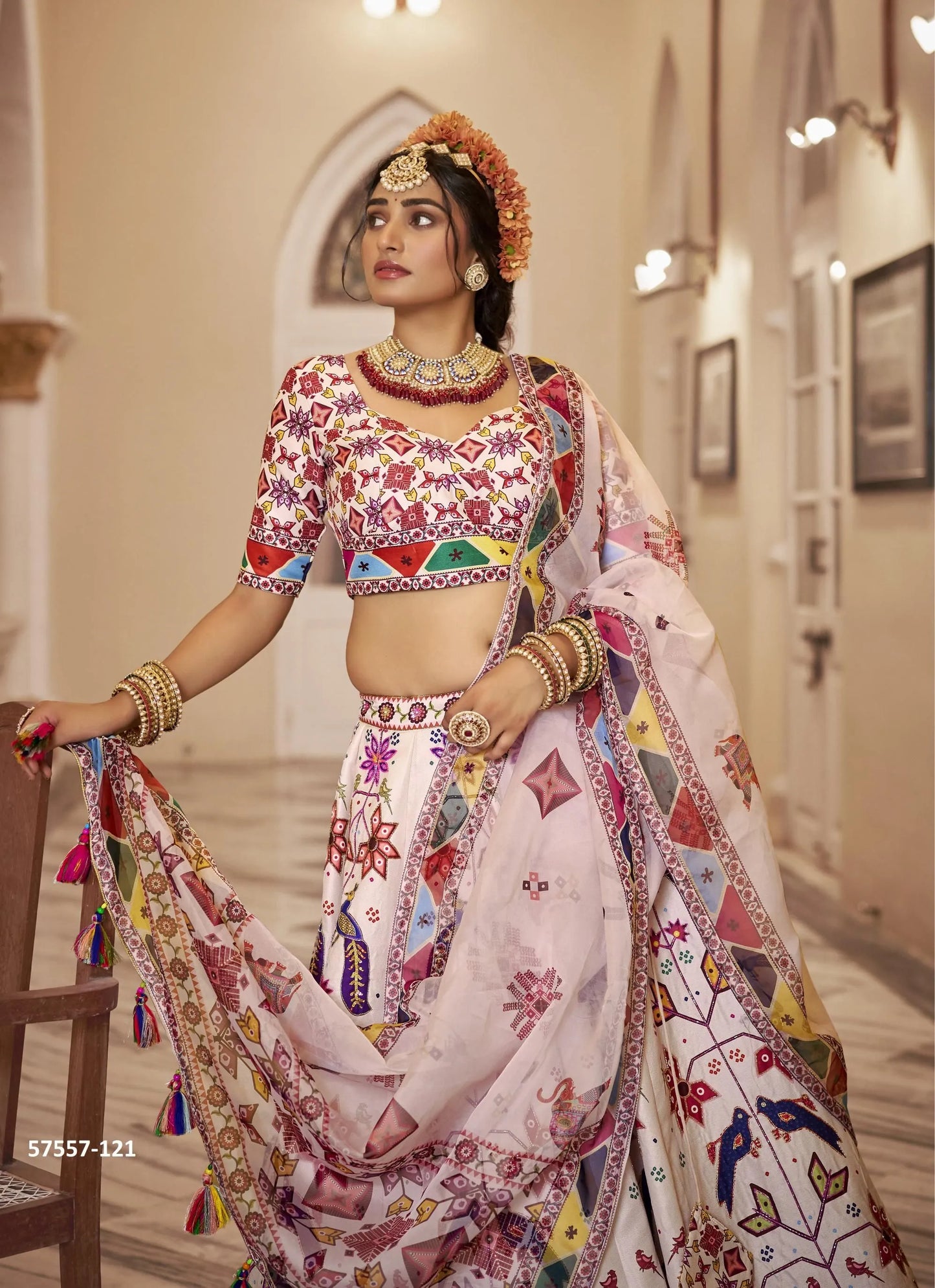 Off White Art Silk Handworked Wedding-Wear Traditional Lehenga Choli