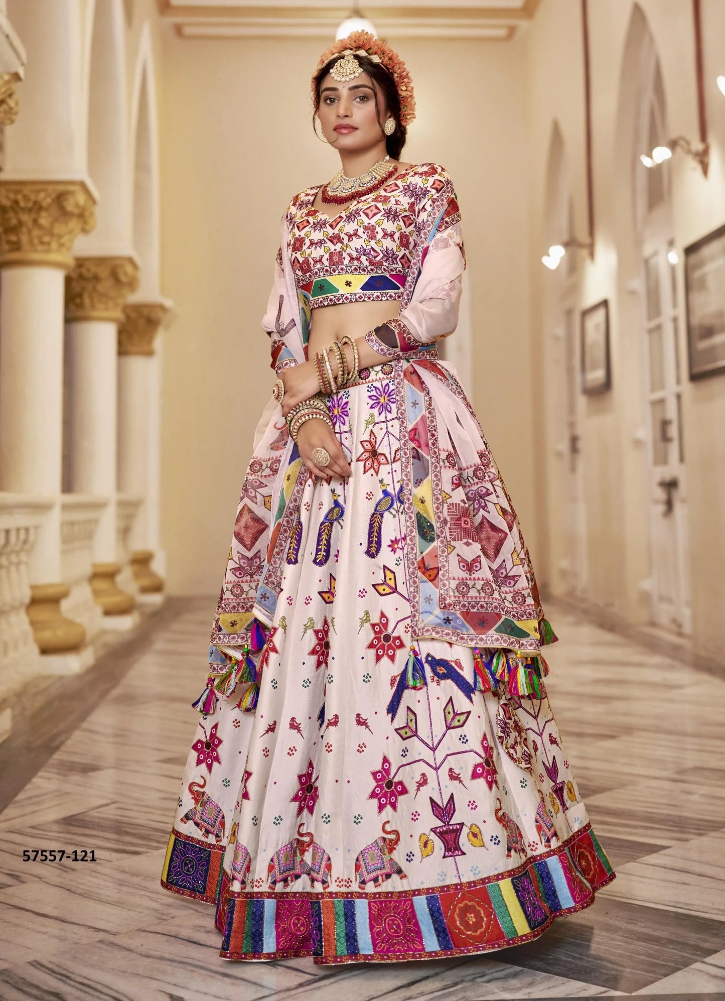Off White Art Silk Handworked Wedding-Wear Traditional Lehenga Choli