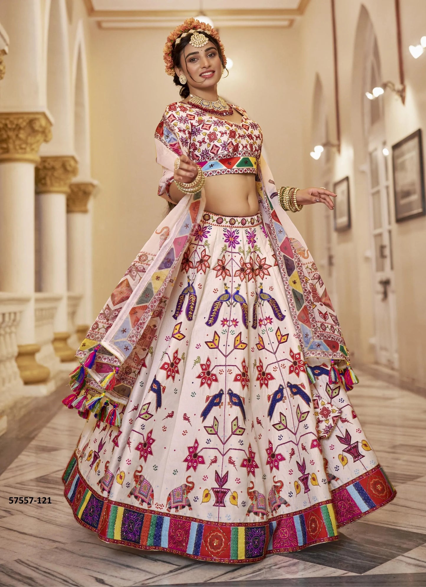 Off White Art Silk Handworked Wedding-Wear Traditional Lehenga Choli