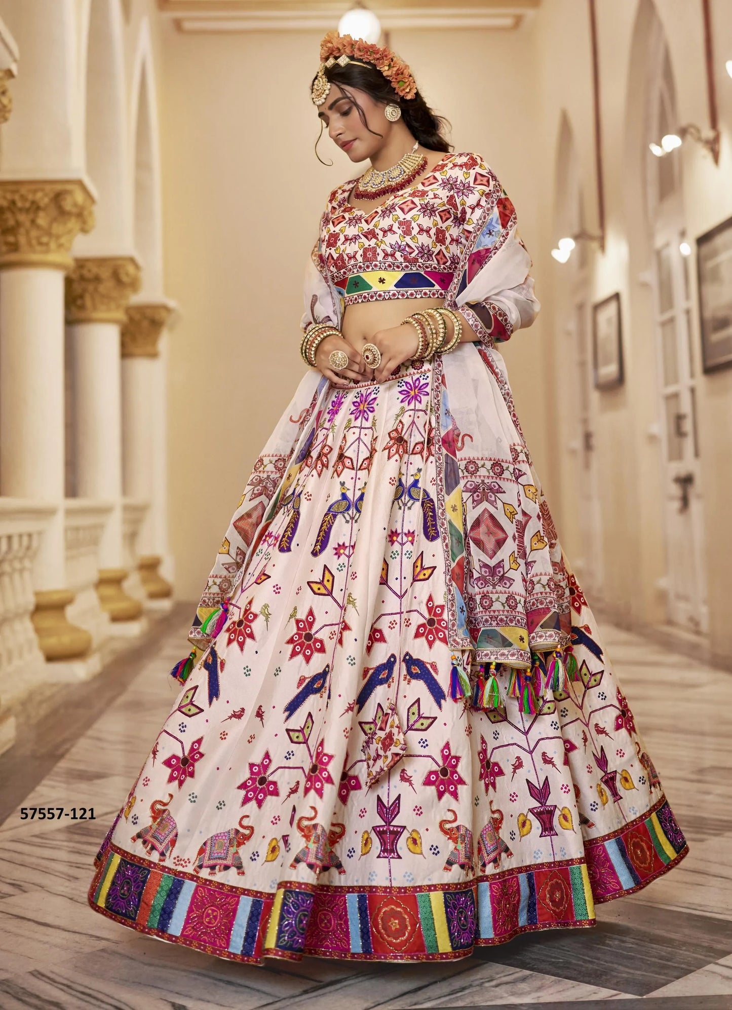 Off White Art Silk Handworked Wedding-Wear Traditional Lehenga Choli