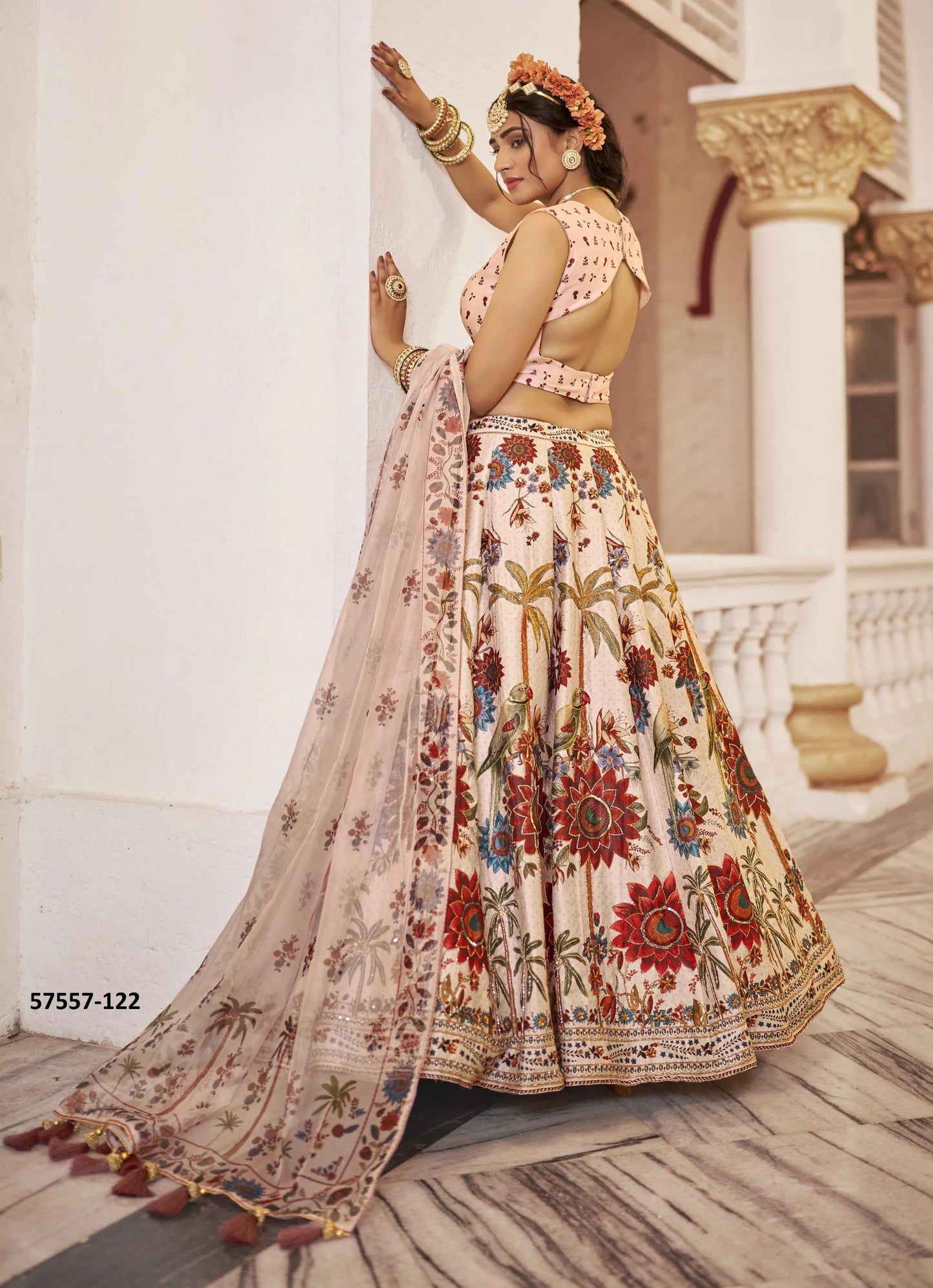 Light Beige Art Silk Handworked Wedding-Wear Traditional Lehenga Choli