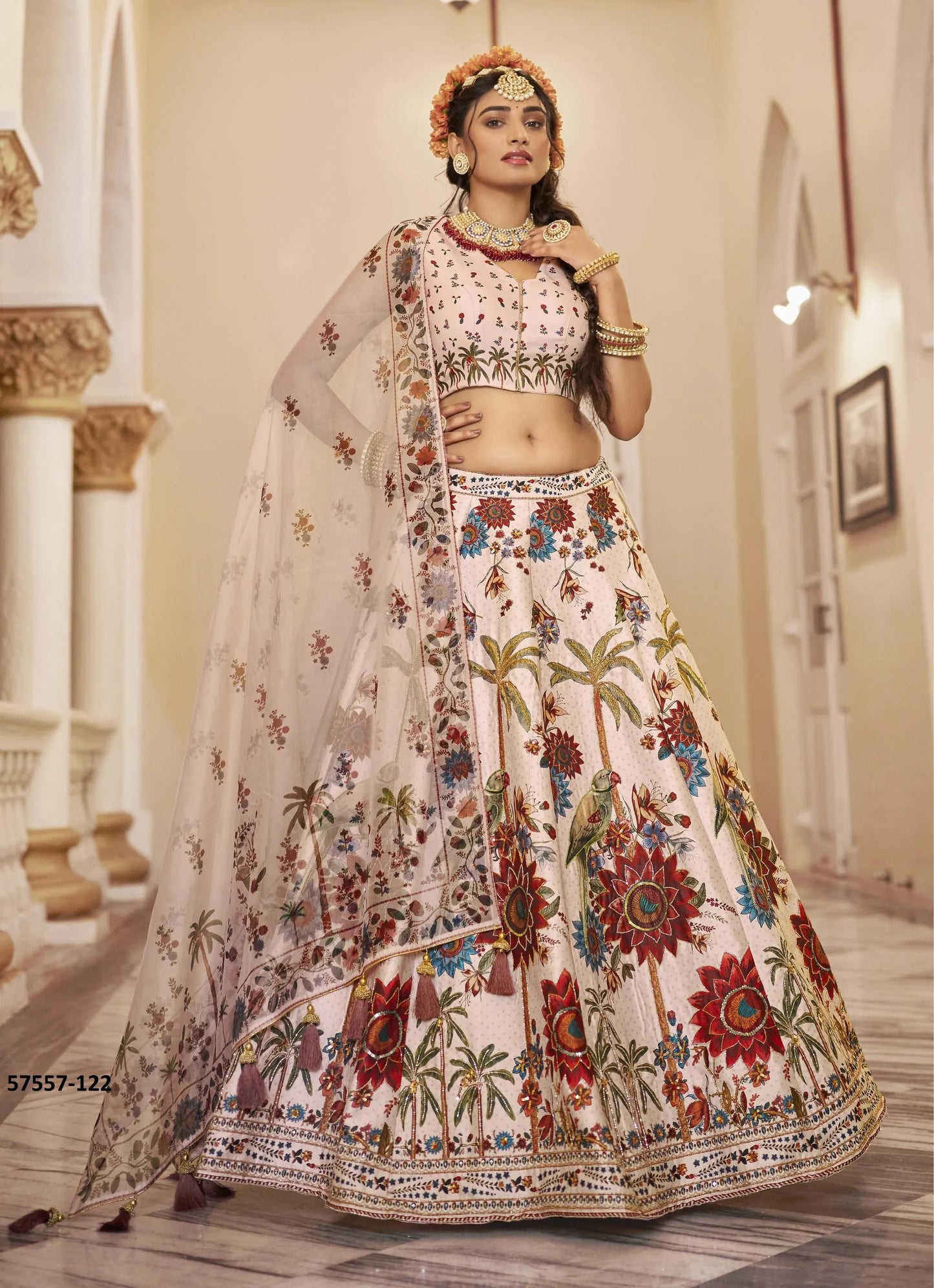 Light Beige Art Silk Handworked Wedding-Wear Traditional Lehenga Choli