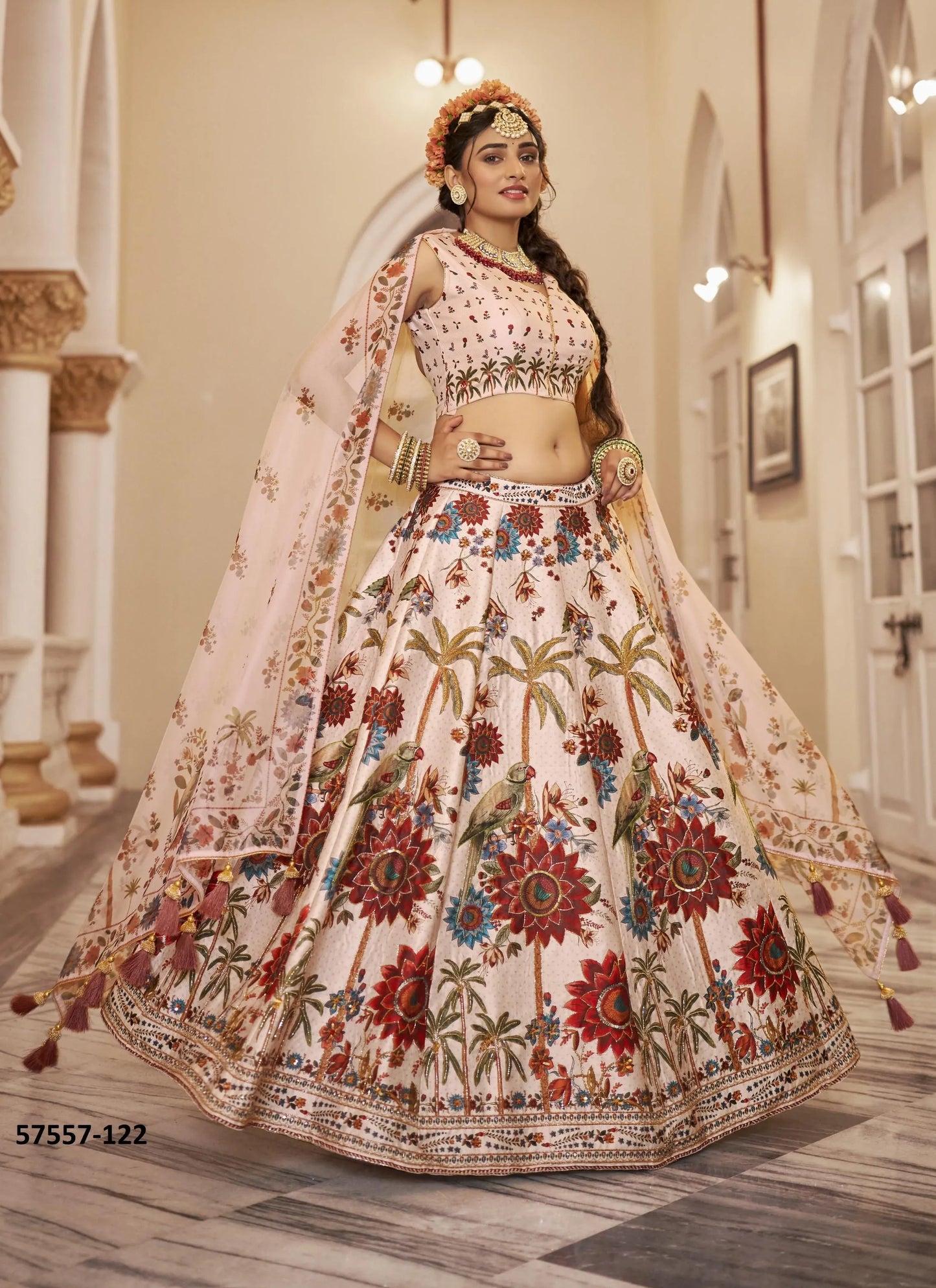 Light Beige Art Silk Handworked Wedding-Wear Traditional Lehenga Choli