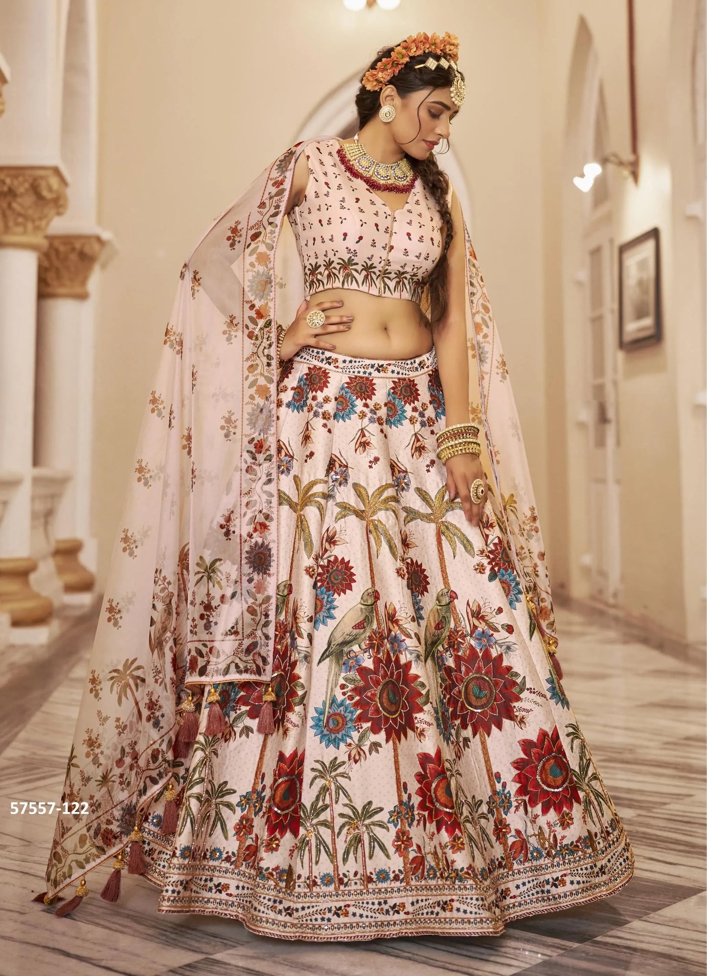 Light Beige Art Silk Handworked Wedding-Wear Traditional Lehenga Choli