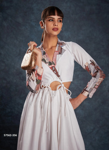 White Linen Digitally Printed Party-Wear Readymade Designer Fusion Outfit