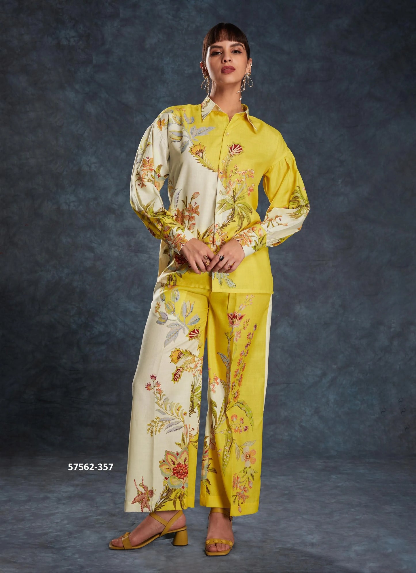 Yellow Linen Digitally Printed Party-Wear Readymade Designer Fusion Outfit