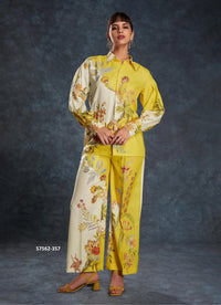 Yellow Linen Digitally Printed Party-Wear Readymade Designer Fusion Outfit