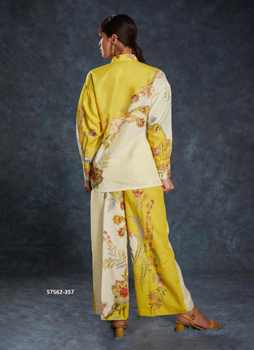 Yellow Linen Digitally Printed Party-Wear Readymade Designer Fusion Outfit